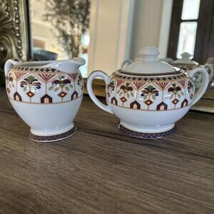 Queen's Imari Creamer & Covered Sugar Bowl Set Ceramic Ornate Pattern India